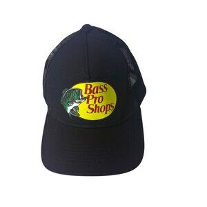 Bass Pro Shops Black Mesh Snapback Hat Logo Patch Adjustable Unisex Fishing Cap